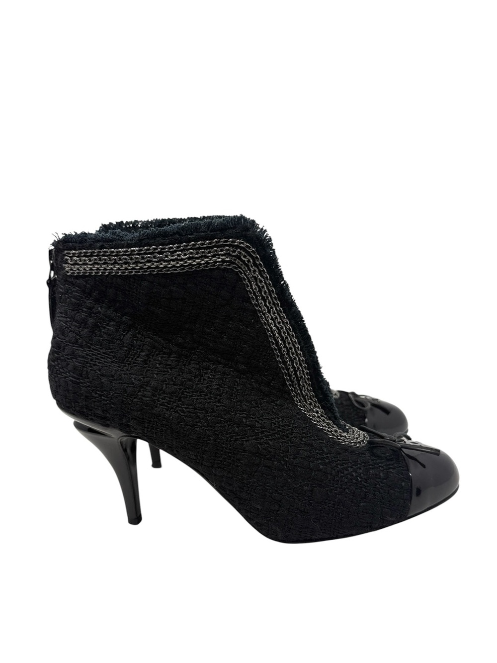 Chanel Tweed CC Cap Toe Bow and Chain Detail Black Back Zip Ankle Boots Size 37